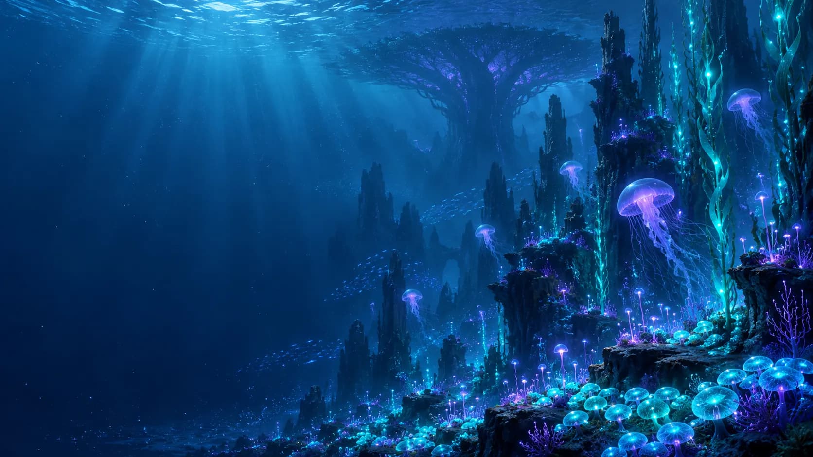 Original illustration of a deep alien ocean with light rays, coral spires, glowing jellyfish and a distant giant tree.